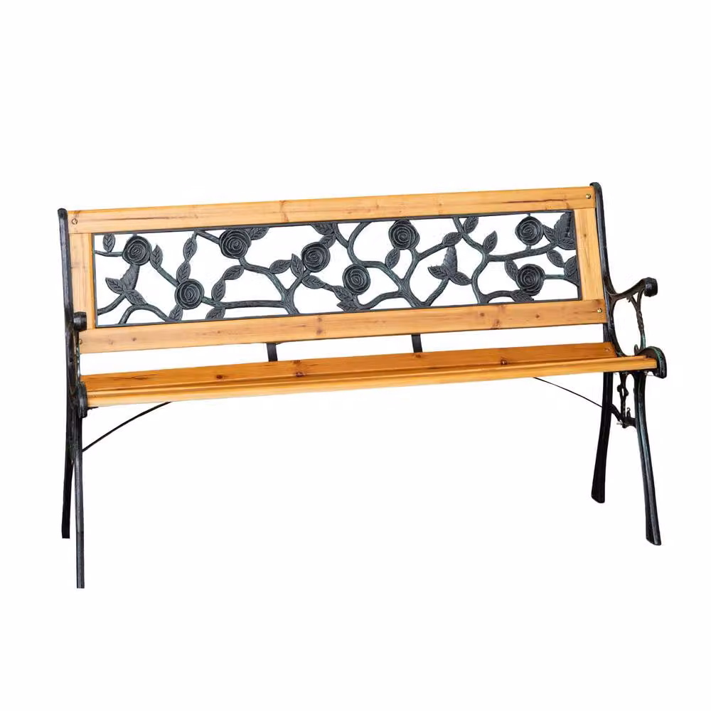 Samuel Alexander 2 Seater Brown Wooden and Cast Iron Garden Bench with Rose Design – 3