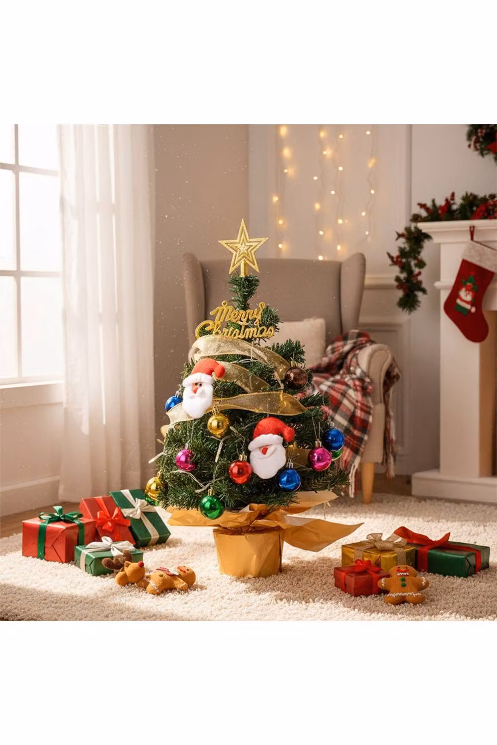 Living and Home Tabletop Mini Christmas Tree in Gold Pot with Multicolour Lights, Balls, Santa and Star Topping – 2