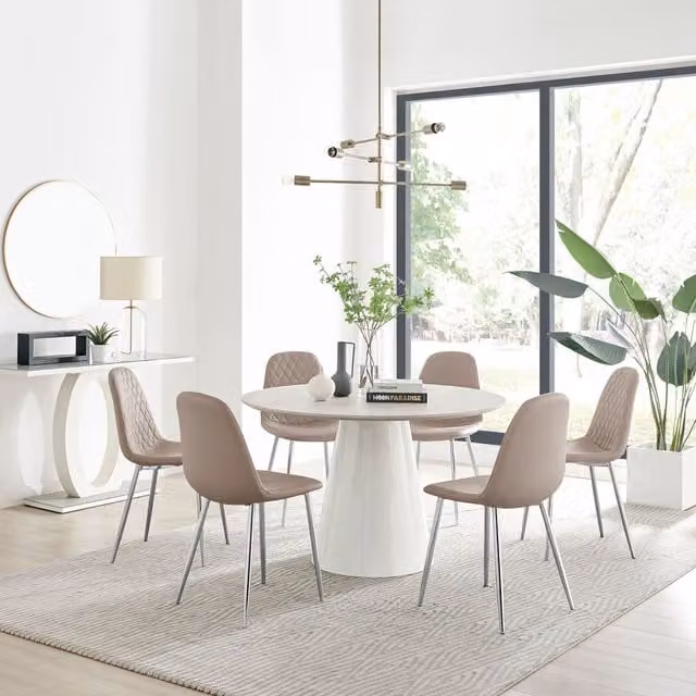 Furniturebox Palma Beige Stone Effect Round Dining Table and 6 Corona Silver Chairs Set