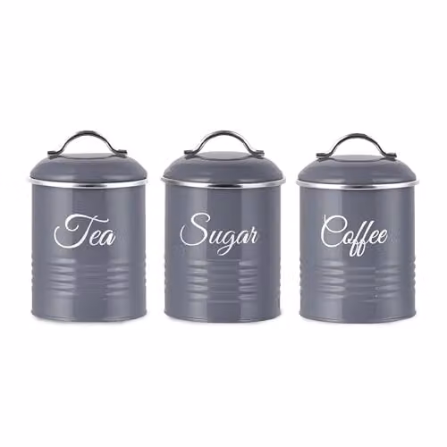 Innoteck Tea Coffee Sugar Canister Set of 3, Airtight Metal Kitchen Food Storage Tins in Dark Grey, 1.3 l Capacity