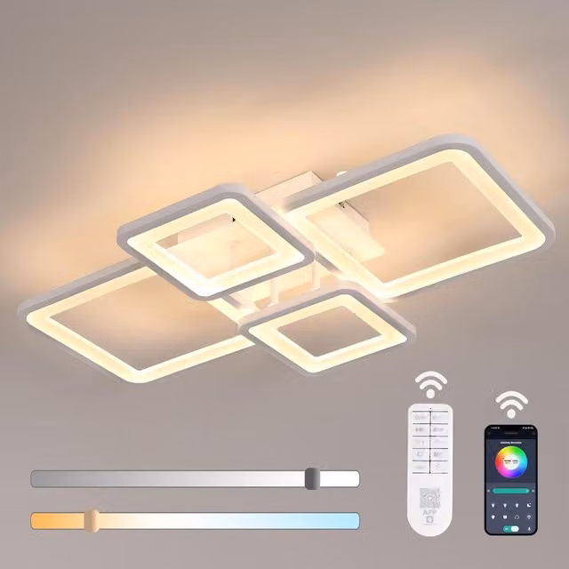GOECO Modern Square LED Ceiling Light, Dimmable with Remote Control, White, 54W