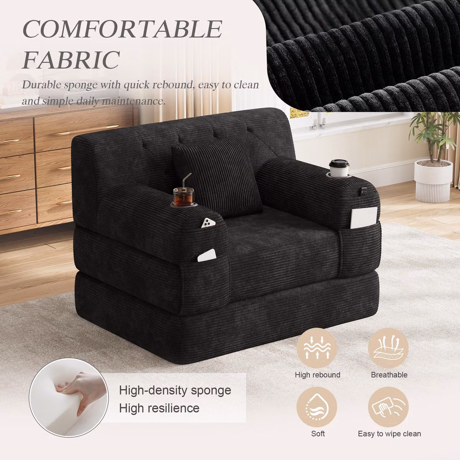 Aosom UK 1-Seater Convertible Chair Bed with Metal Frame and High-Density Foam, Black, L: 107 cm, W: 80 cm, H: 81 cm – 4