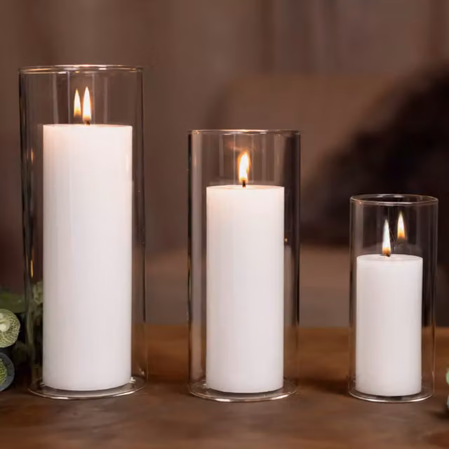 Marco Paul 3-Piece Classic Round Glass Pillar Candle Holder Set in Transparent and White