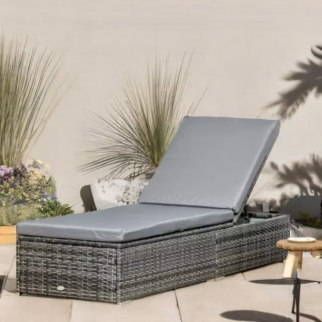 FURNOS Grey Rattan Sun Lounger with Cushion for Garden Reclining Deck Bed – 1