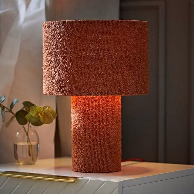 ValueLights Ash Boucle Table Lamp with Fabric Drum Shade in Red
