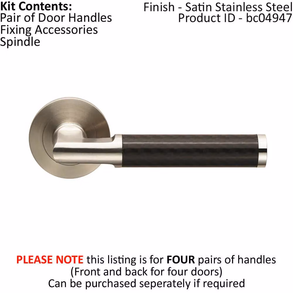 Loops 4x Pair Carbon Fibre Round Bar Handles with Round Rose Concealed Fix in Brushed Silver and Black Stainless Steel – 2
