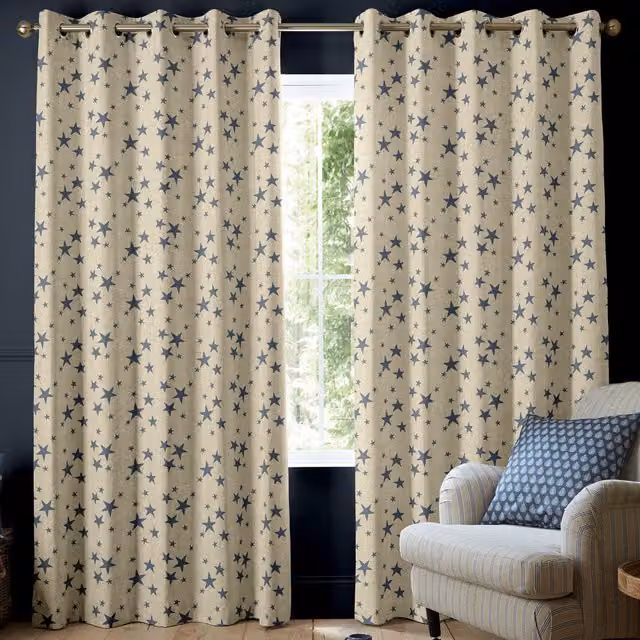 Emily Bond St Maws Made to Measure Blackout Cotton Fabric Panel Curtain in Blue with Star Pattern and Eyelets