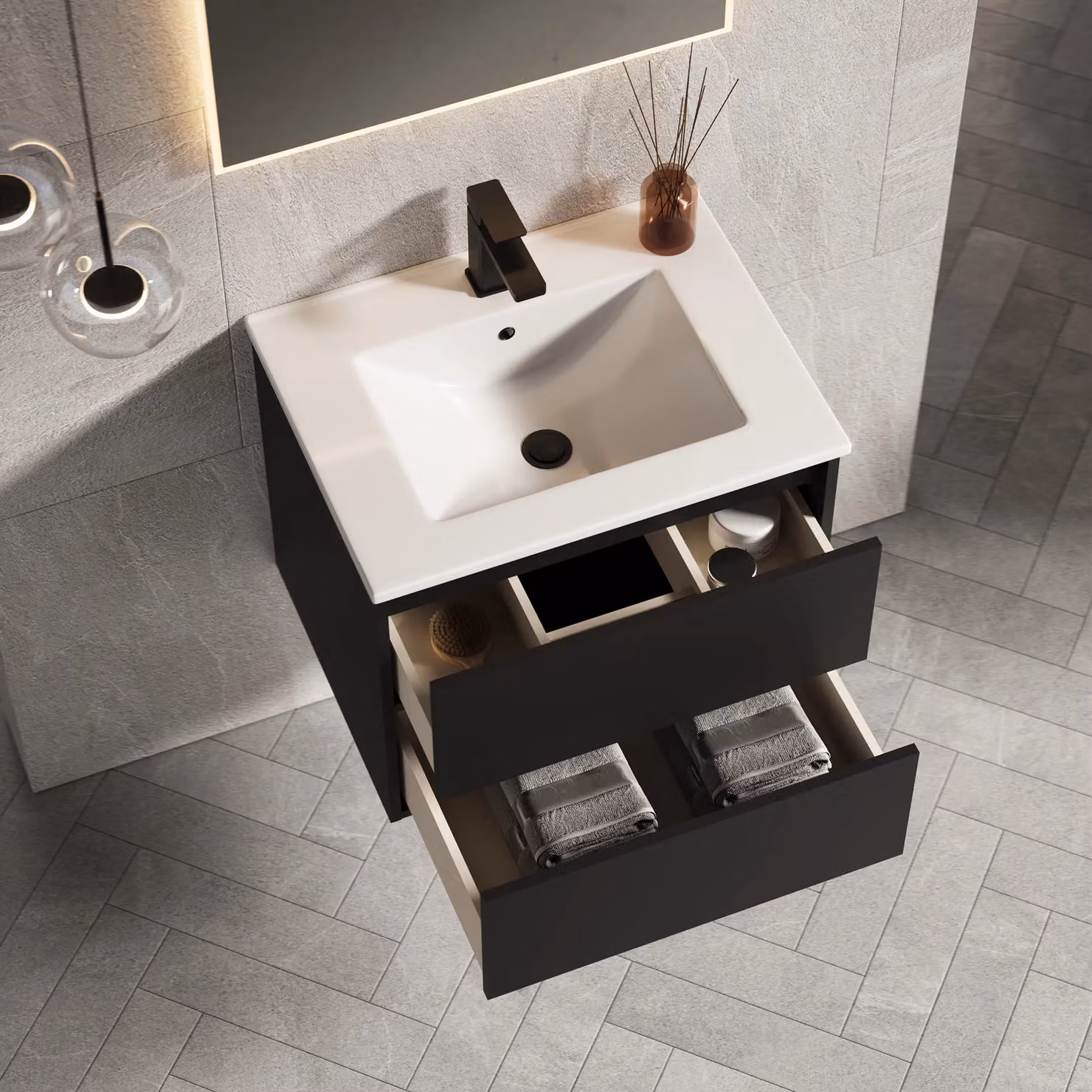 Banyetti Venti 600mm Wall Hung Vanity Unit with Lira Basin, Matt Black (W: 60 cm, D: 45 cm, H: 48 cm) – 3