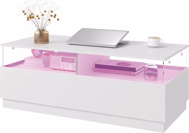 KEEPREAPER Modern Rectangular LED Coffee Table with 2 Drawers in Glossy White – 1