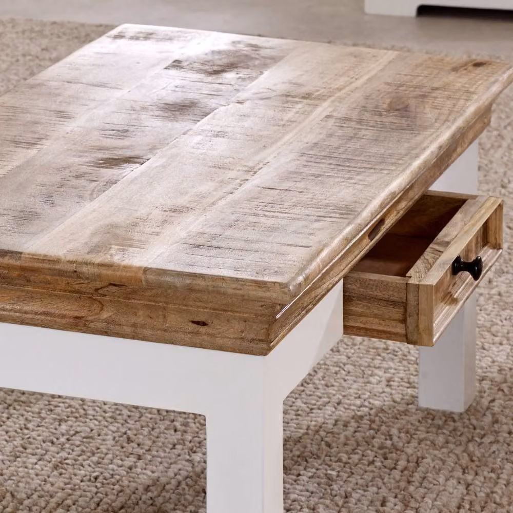 Wyld Haus Alington Solid Mango Wood Coffee Table with Drawer, Brown and White – 3