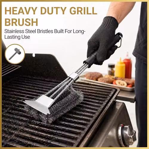 SHATCHI Heavy Duty BBQ Cleaning Brush with Scraper, Stainless Steel Wire Bristles and Long Handle for Gas or Charcoal Grills, Black and Silver – 5