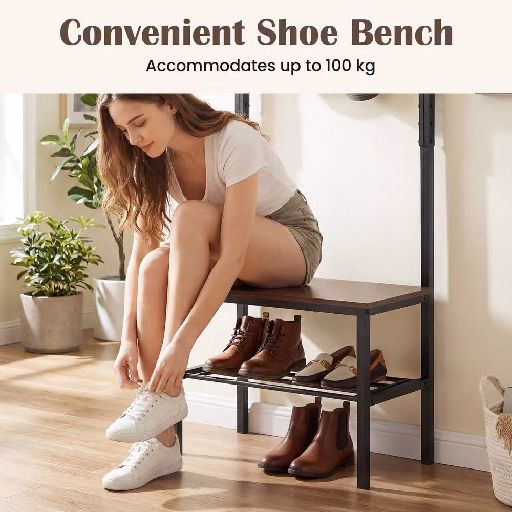Gymax Industrial Hall Tree Freestanding Entryway Bench, Coat and Shoe Rack in Brown – 5