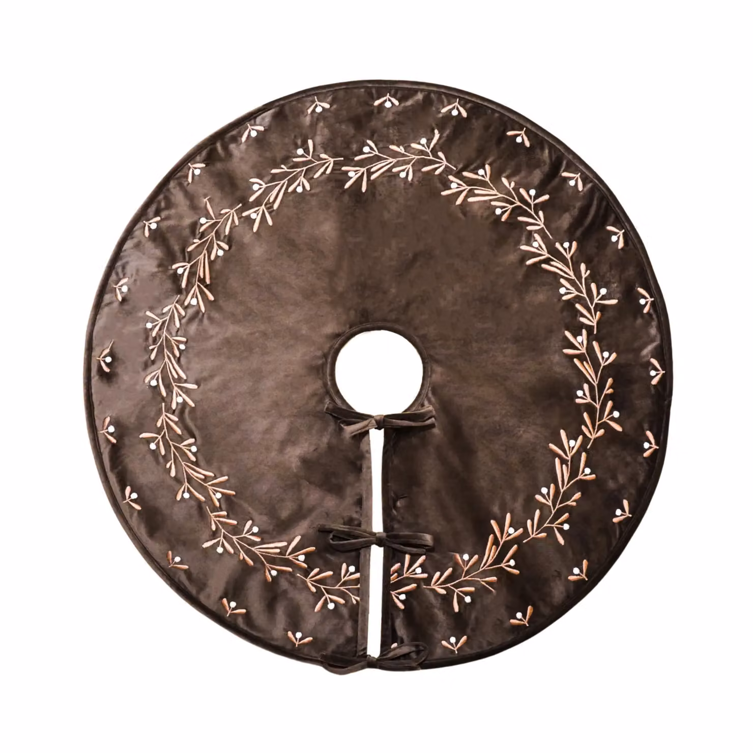 Ivyline Mocha Velvet Mistletoe Christmas Tree Skirt in Brown, Diameter: 80 cm – 2