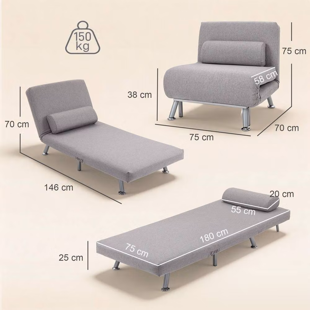STILVORA Grey Linen Chair Bed with Removable Pillow and Metal Frame – 4