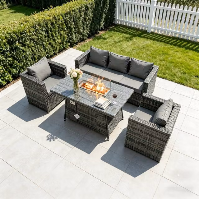 Fimous 5 Seater Rattan Gas Fire Pit Dining Set in Dark Grey – 2