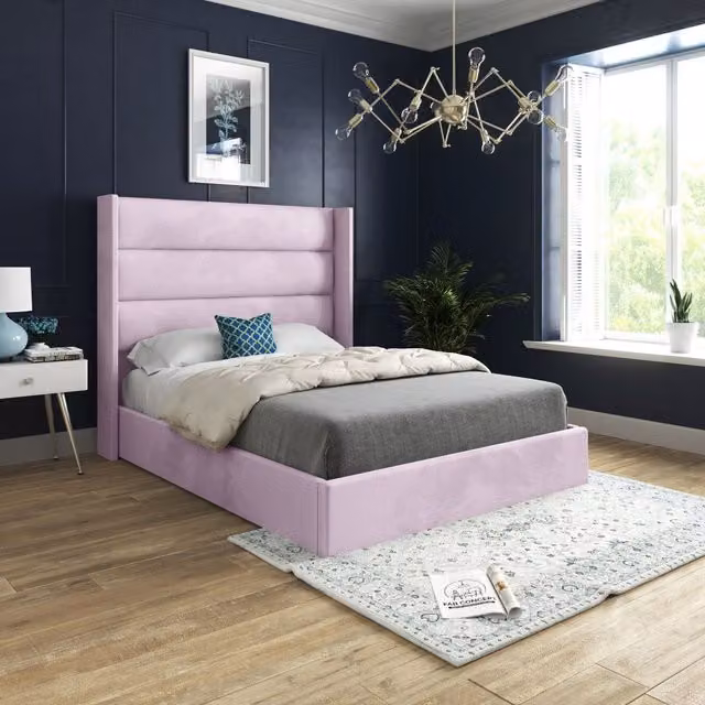 KDMD Nuno Straight Winged Upholstered Velvet Bed Frame in Pink, W/D/H: 144 x 137 x 200 cm