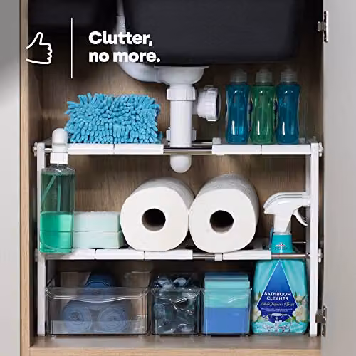 LIVIVO White Adjustable and Extendable Under Sink Storage Organiser Rack W/D/H: 38.0 x 26.0 x 26.0 cm – 4