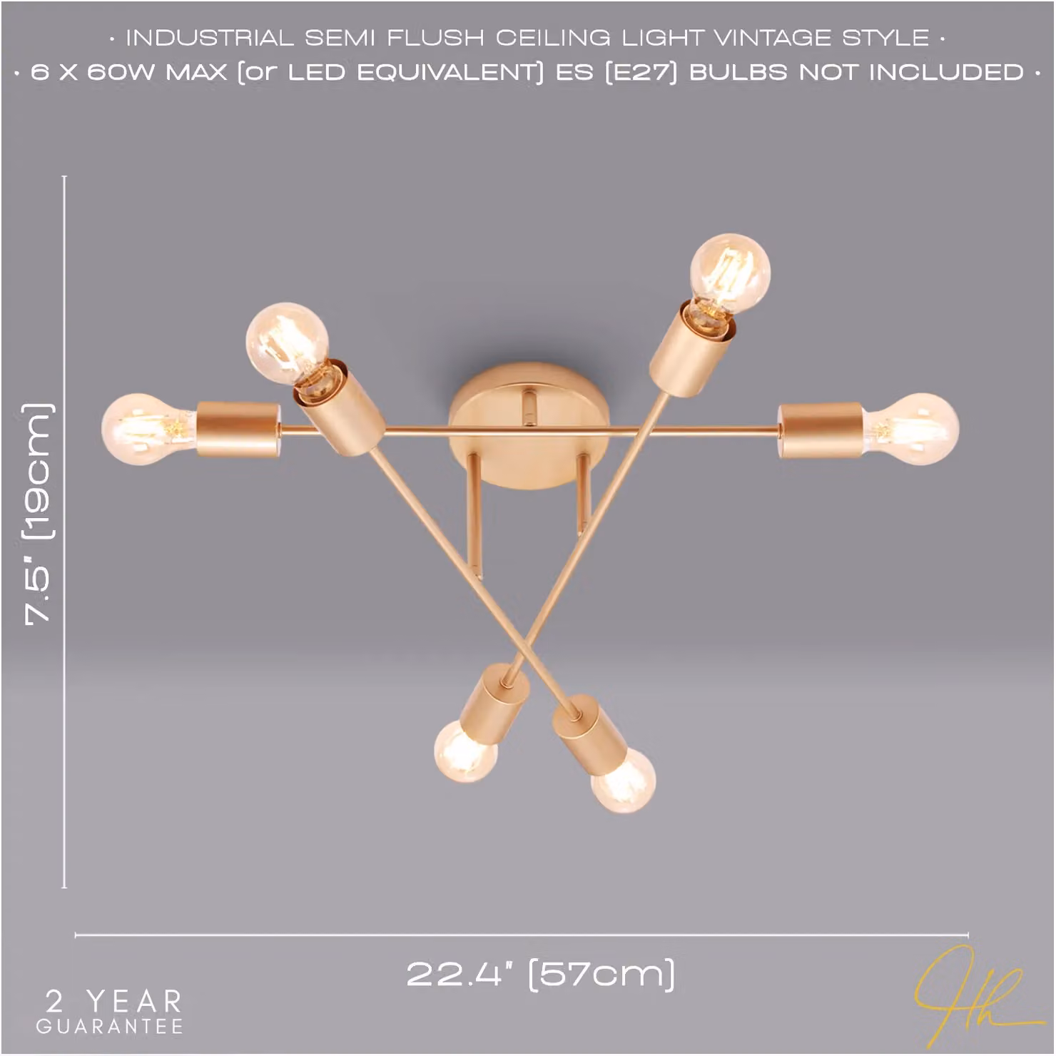 Happy Homewares Industrial Style Metal Ceiling Light in Gold/Brass with Transparent Glass Shades – 2
