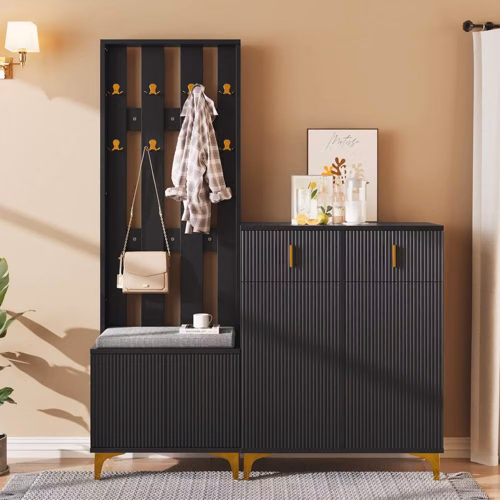BTM Modern Glossy Wardrobe Set with Shoe Bench, Hooks, Drawers and Cabinet Doors in Black and Gold, H 180.5 x W 60.5 x D 35.2 cm – 3