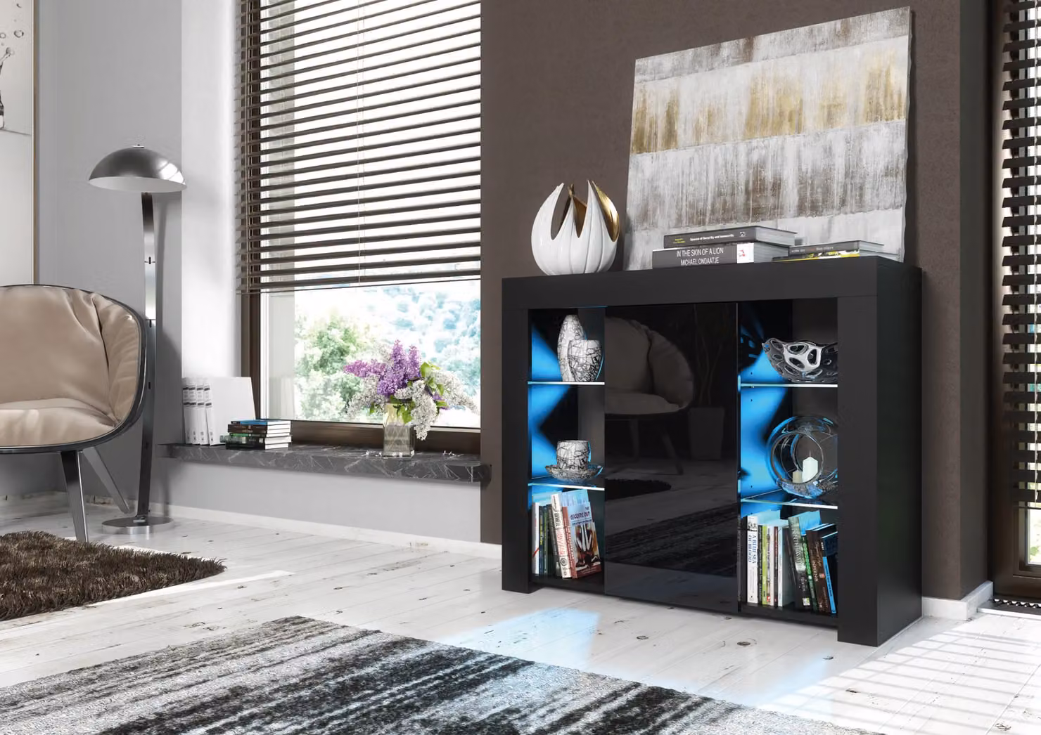 Mex Furniture LTD Modern Gloss Black Sideboard with Integrated LED Lighting, W: 97 cm, H: 83 cm, D: 35 cm – 3