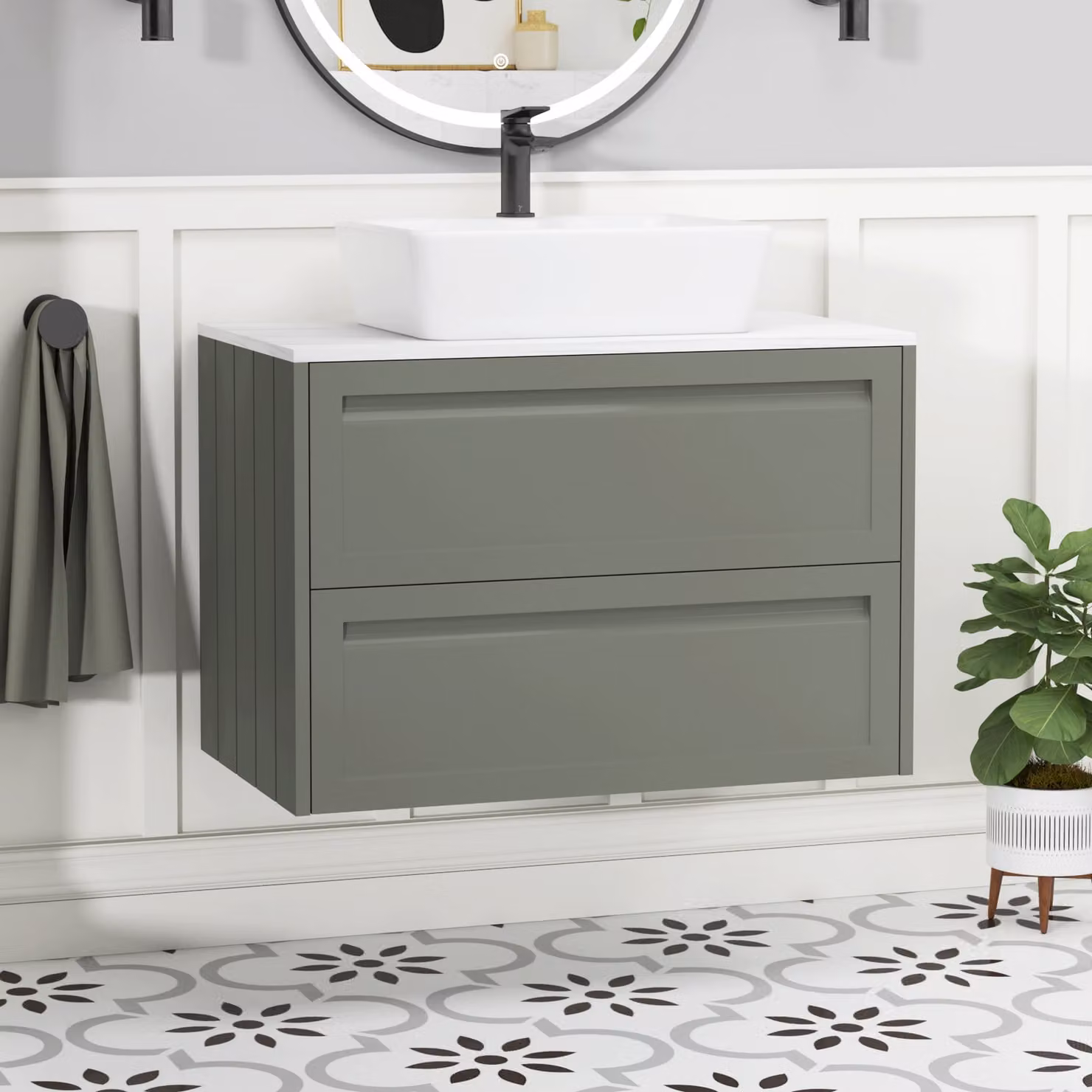 Royal Bathrooms Elmore 800mm Matt Green Wall Hung 2 Drawer Vanity Unit with White Cube Basin