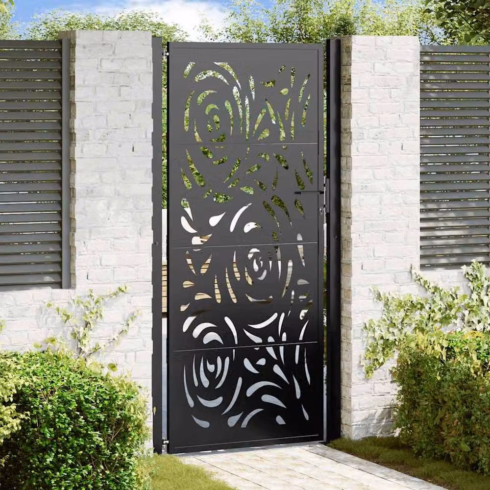 Berkfield Home Black Steel Garden Gate with Flame Design, W: 105 cm, H: 205 cm – 2
