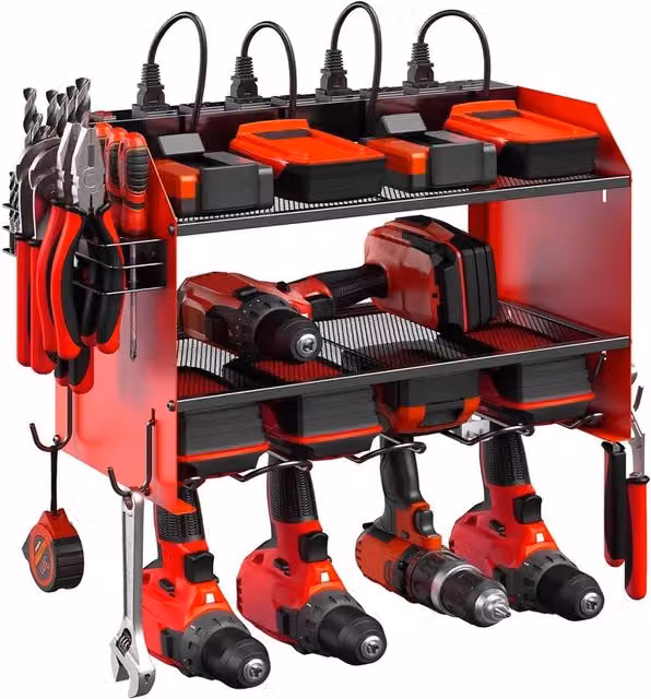 Xample Wall Mounted Power Tool Organizer Storage Rack in Black and Red