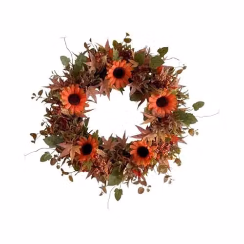 Straits Autumn Gerbera Artificial Flower Door Wreath in Orange and Brown, Diameter: 40 cm