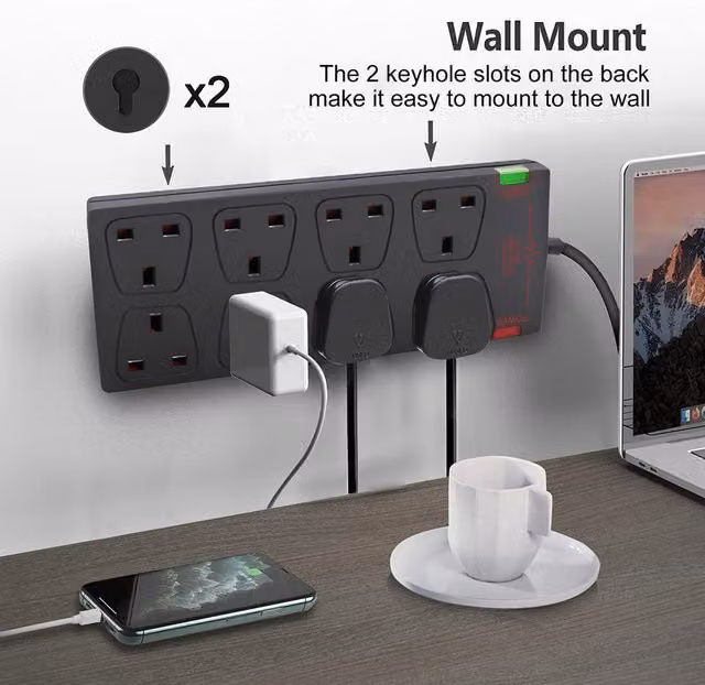Livingandhome 8 Way Socket with Cable and Power Indicator in Black