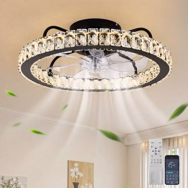 NIVOR Dimmable Silent Crystal LED Ceiling Fan with Light, Black, with Remote and App Control – 1