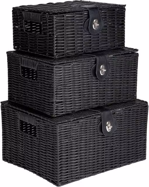 Havendro Set of 3 Black Resin Wicker Open Weave Storage Baskets with Lids – 1