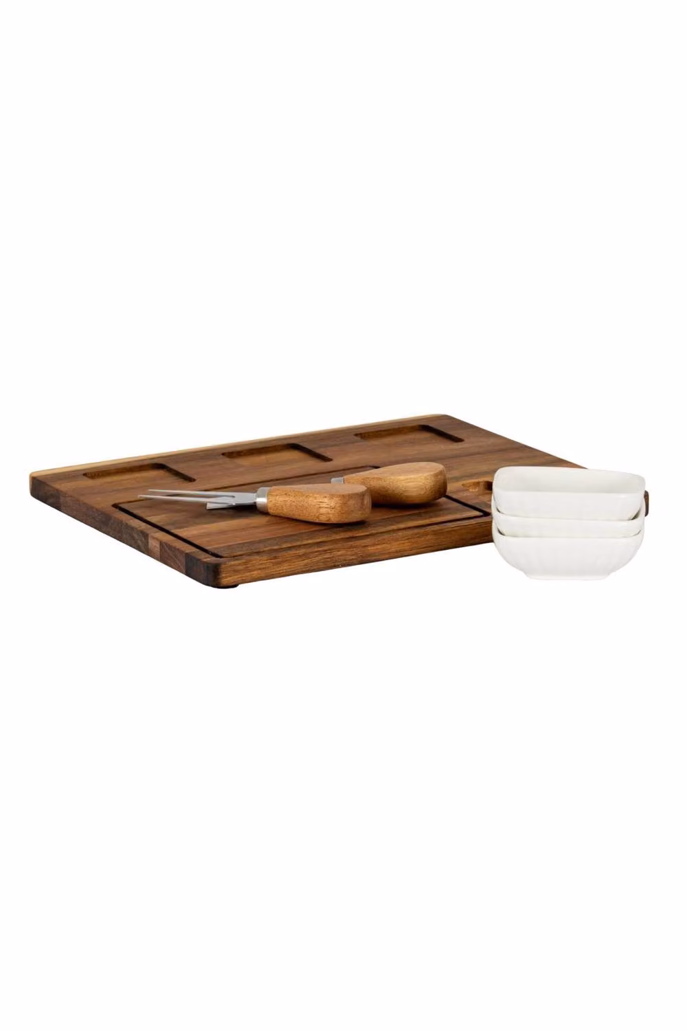 KDMD Acacia Wood Cheese Board Set with White Ceramic Bowls and Cutlery in Brown – 2