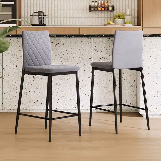 Livingandhome Set of 2 Grey PU Leather Diamond-Quilted Upholstered Bar Stools with Metal Frames