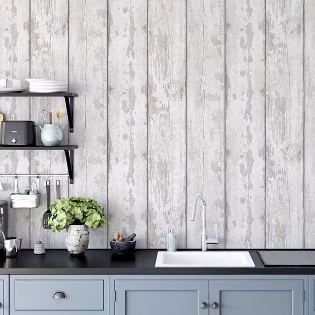 Arthouse Metallic Washed Wood Spongeable Wallpaper in Grey Silver