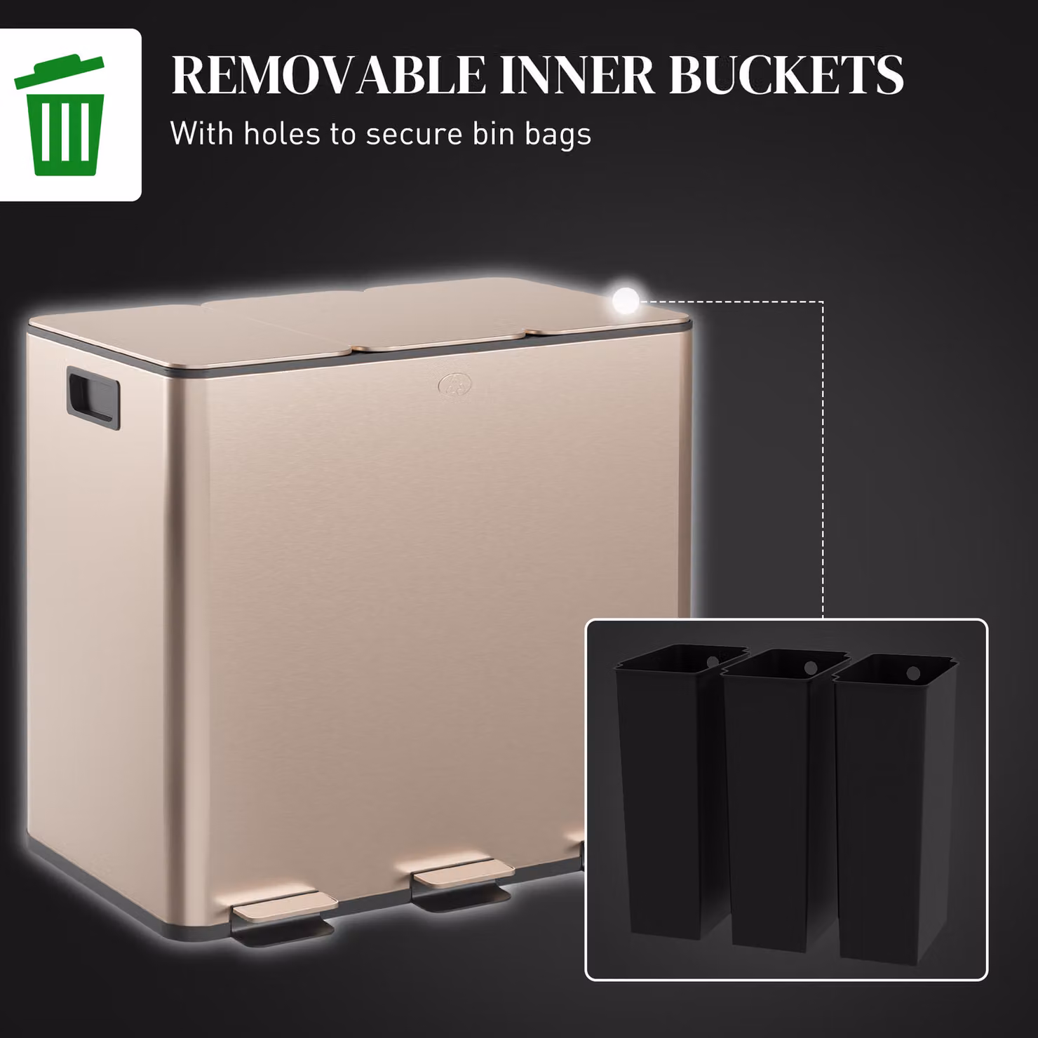 HOMCOM Gold Tone Triple Steel Pedal Bin with Soft Close Lids and Removable Inner Buckets, 3 x 15L – 5