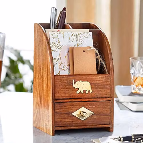 Coopers of Stortford Multi-Compartment Wood and Brass Desk Organiser in Brown and Gold, H: 20 cm, W: 12.5 cm, D: 10 cm