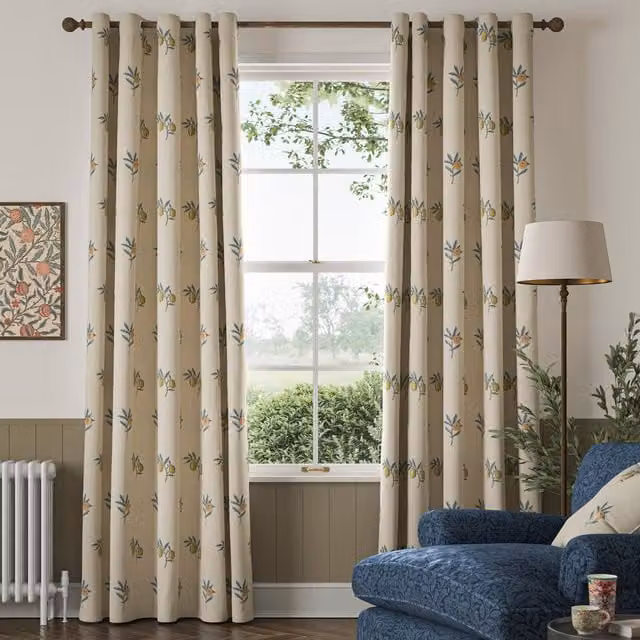 William Morris River Fruit Embroidery Made To Measure Blackout Eyelet Curtains in Blue and Beige