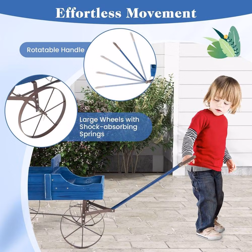 Gymax Blue Wood and Metal Decorative Wagon Flower Planter with Wheels, W/D/H: 62 x 34 x 60 cm – 5