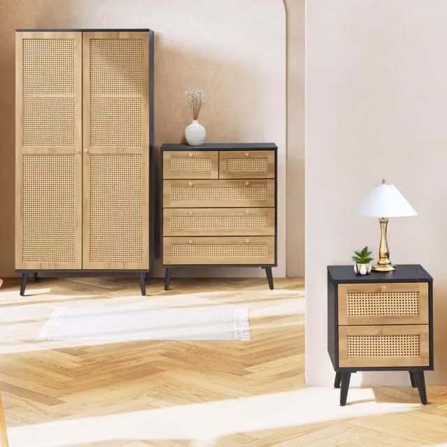 Swish Furniture Manila Rattan 3 Piece Bedroom Set with 2 Door Wardrobe and 3 and 2 Drawer Chests in Black