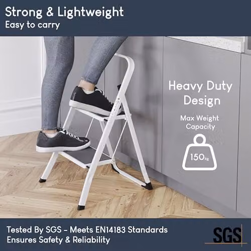 Home Vida 2 Step Steel Folding Ladder in White with Anti-Slip Rubber Feet and 150kg Max Load – 2