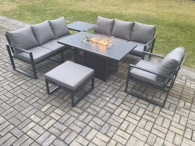 Fimous 8 Seater Aluminium Garden Furniture Set in Dark Grey with Gas Fire Pit Dining Table, Cushions, Side Table and Footstool
