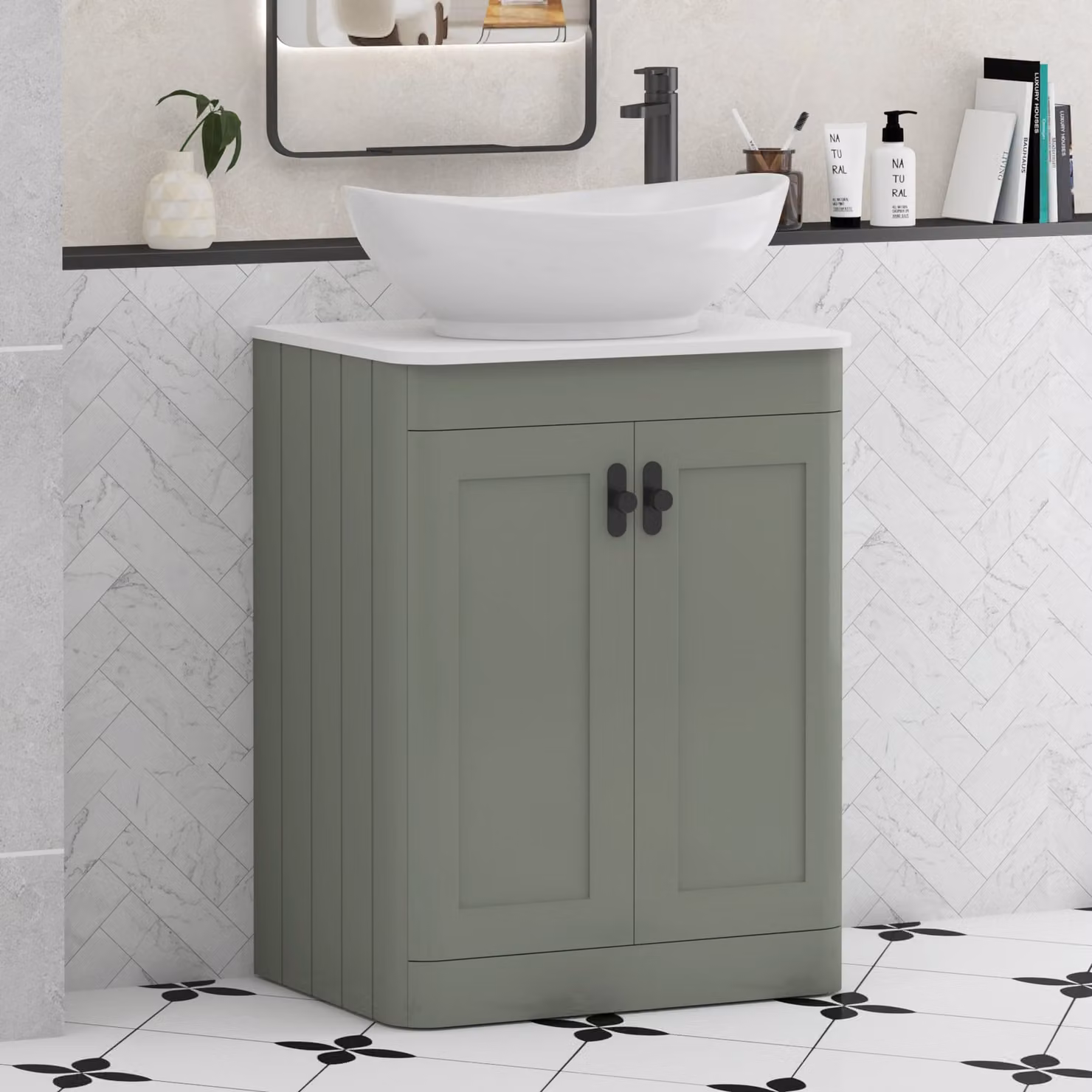 Royal Bathrooms Henley 600mm Sage Green Floor Standing 2 Door Vanity Unit with Plain White Worktop, Amaze Basin and Matt Black Knob