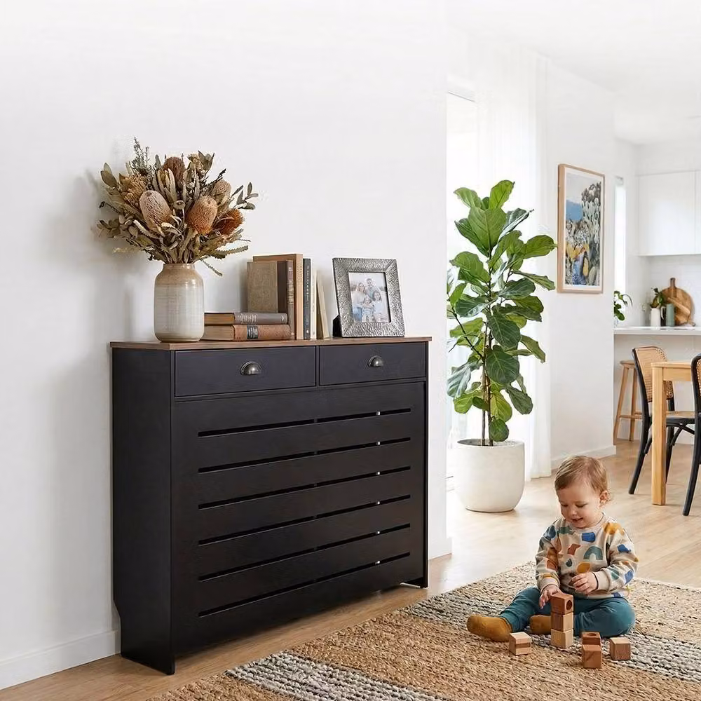 Levede Wooden Radiator Cover with 2 Drawers, Black and Brown MDF Storage Cabinet, W: 111.5 cm, H: 96.5 cm, D: 19.5 cm – 8