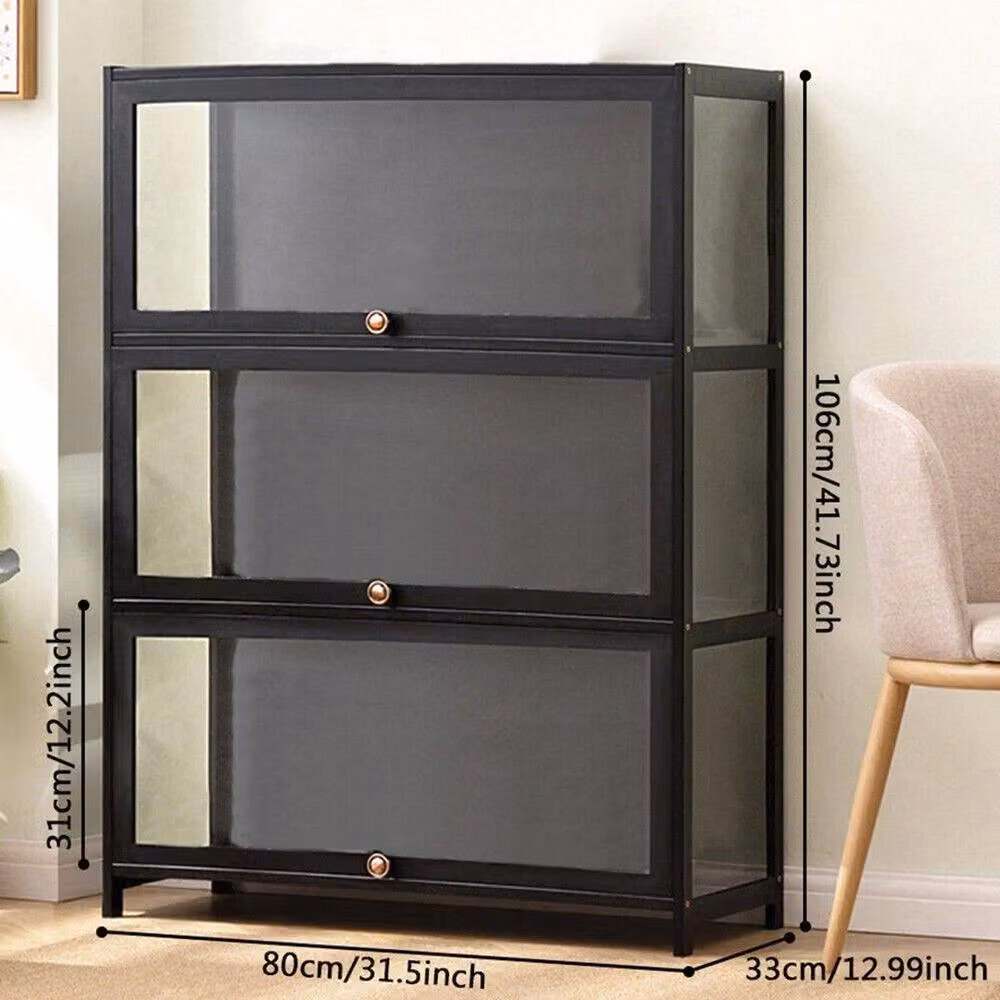 FLAVORA Black Bamboo and Acrylic Figurine Storage Display Cabinet with Glass Doors, W/D/H: 80 x 33 x 106 cm – 2