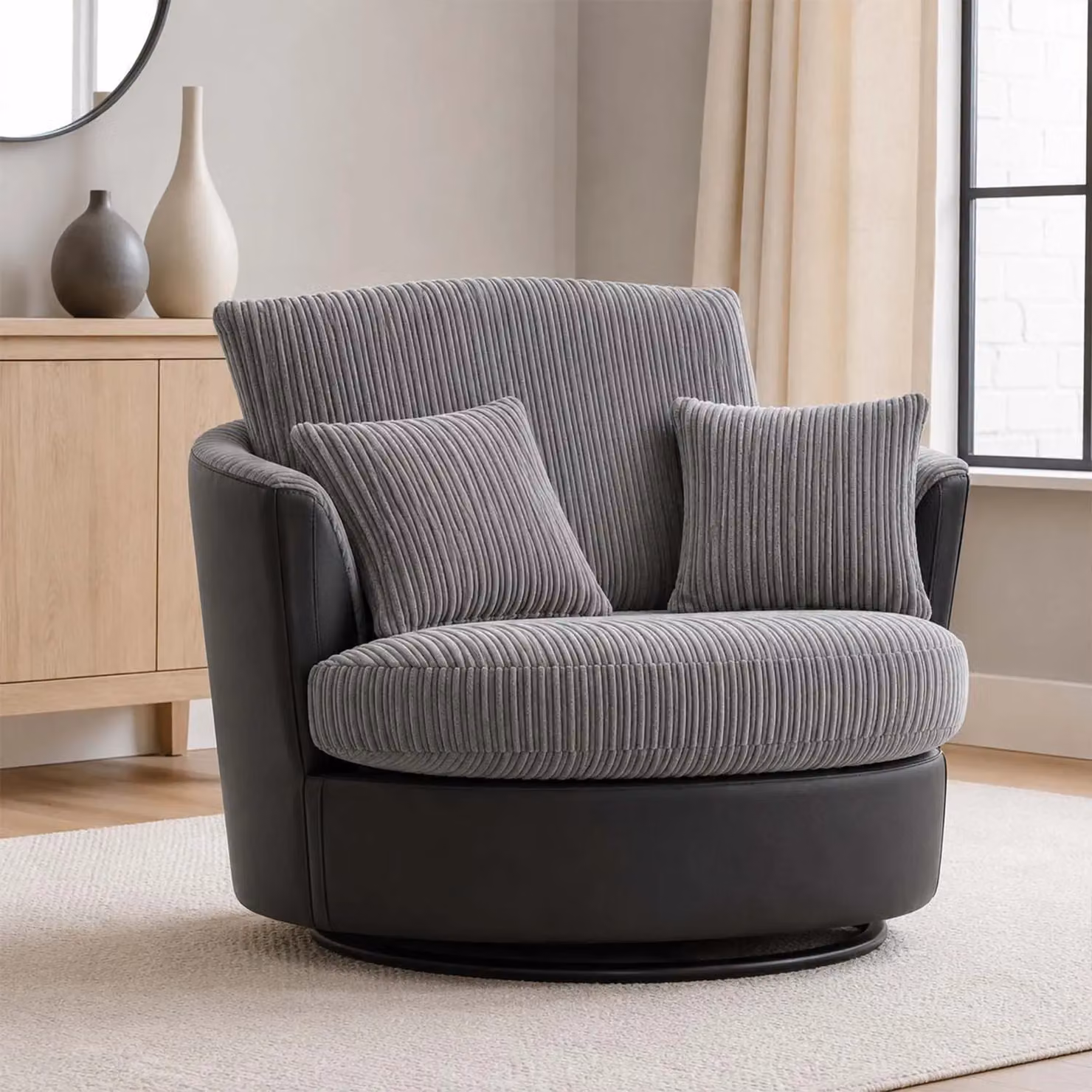 Furnishings For Less UK Luxor Jumbo Cord Fabric Single Seater 360 Degree Swivel Tub Chair in Grey, W/D/H: 80 x 105 x 110 cm – 4