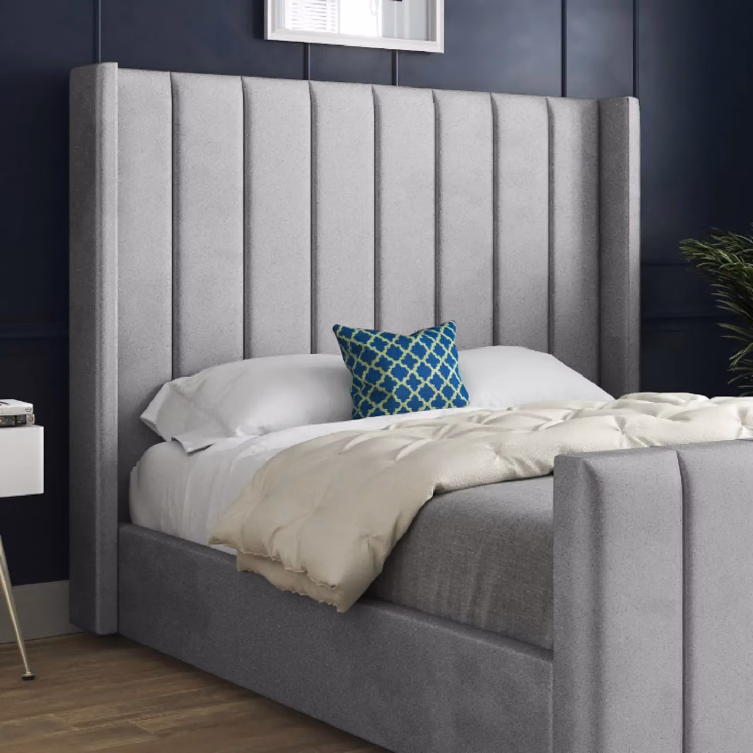 KDMD Romano Super King Upholstered Soft Velvet Winged Bed Frame in Grey, W/D/H: 200 x 189 x 137 cm – 2