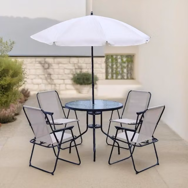 FURNOS 6 Piece Bistro Set with 4 Chairs, Table and Parasol in Cream and Beige