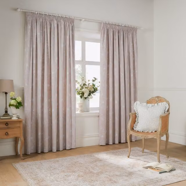 Make It A Home Bella Floral Pencil Pleat Curtain Pair in Beige and Pink, Height: 229 cm