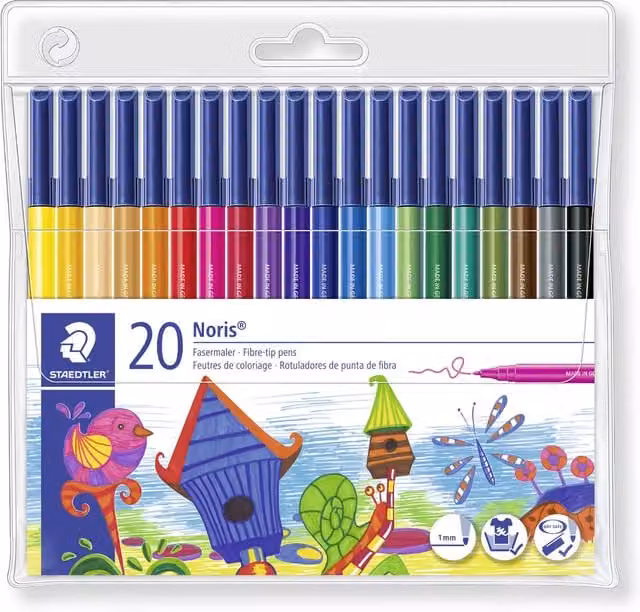 STAEDTLER Noris Fine-Tip Fibre-Tip Colouring Pens, 20 Pack, Multicolour