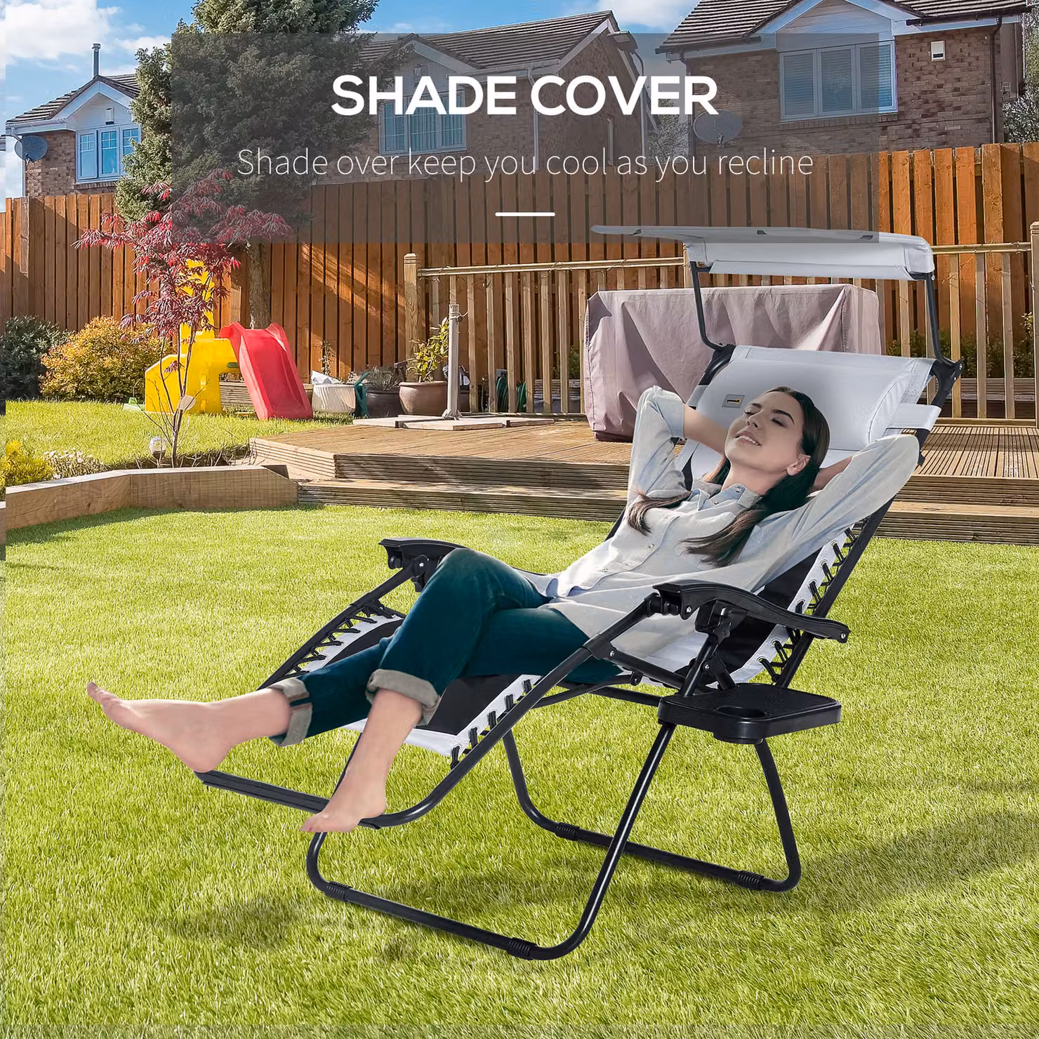 Outsunny Zero Gravity Garden Loungers in Grey with Sun Canopy, Cup Holders and Adjustable Headrest – 5